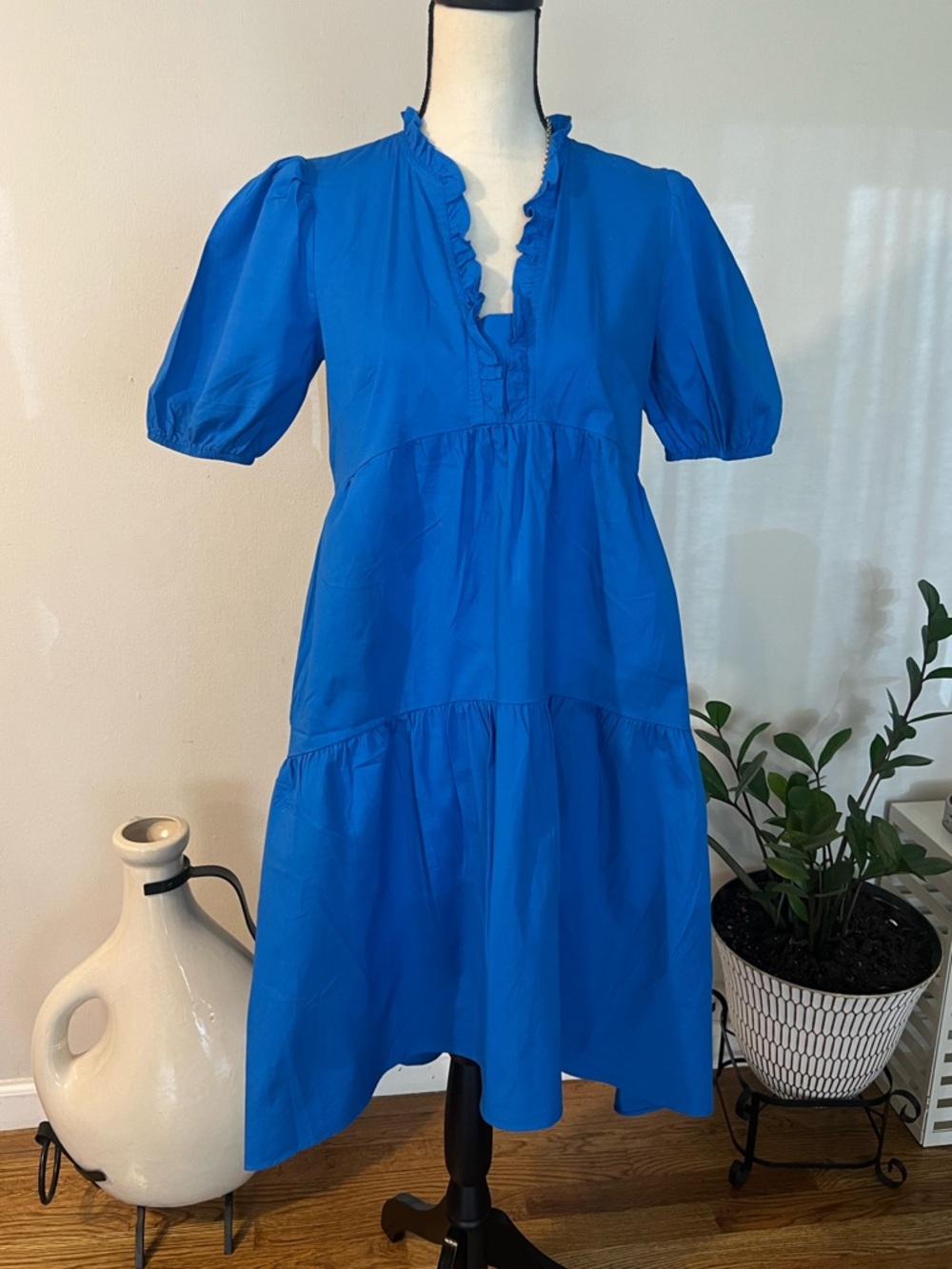 London Times Cobalt Blue Ruffle V-Neck Puff-Sleeve Midi Dress